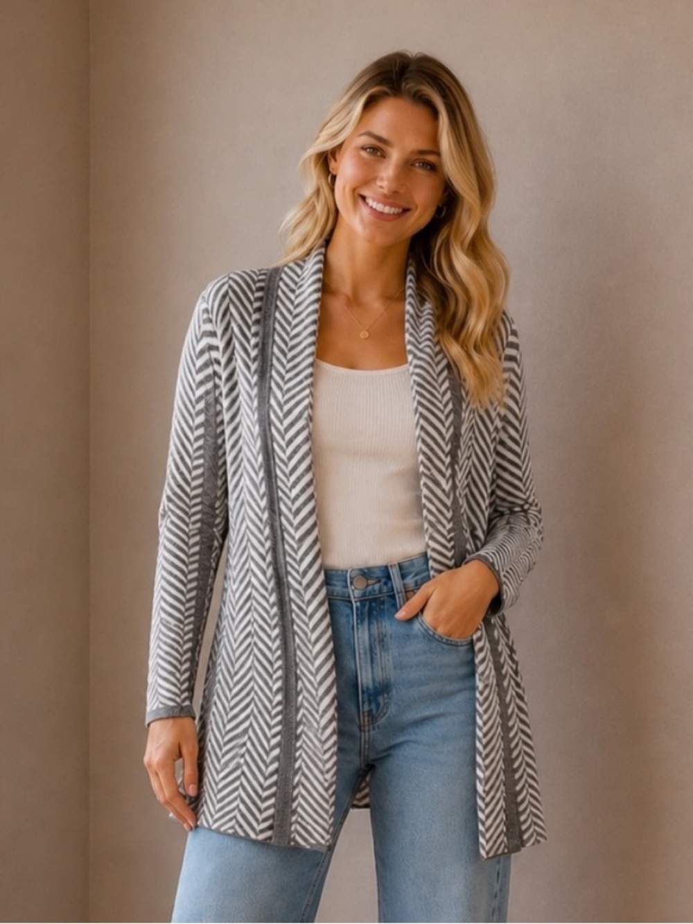 Ann Taylor Gray and White Chevron Open-Front Cardigan
